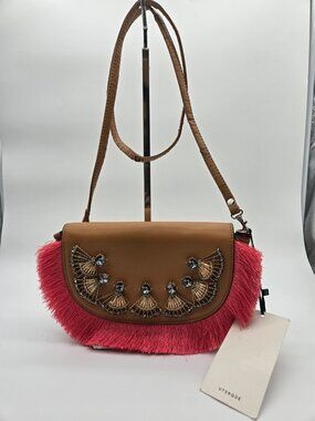 Uterqüe Caramel Leather Crossbody Purse Coral Fringe Jewel Embellished NWT